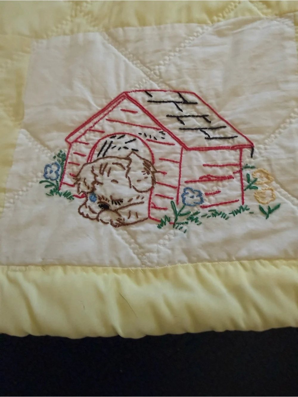 Hand-Embroidered Yellow & White Baby Quilt - Vintage Animal Blocks